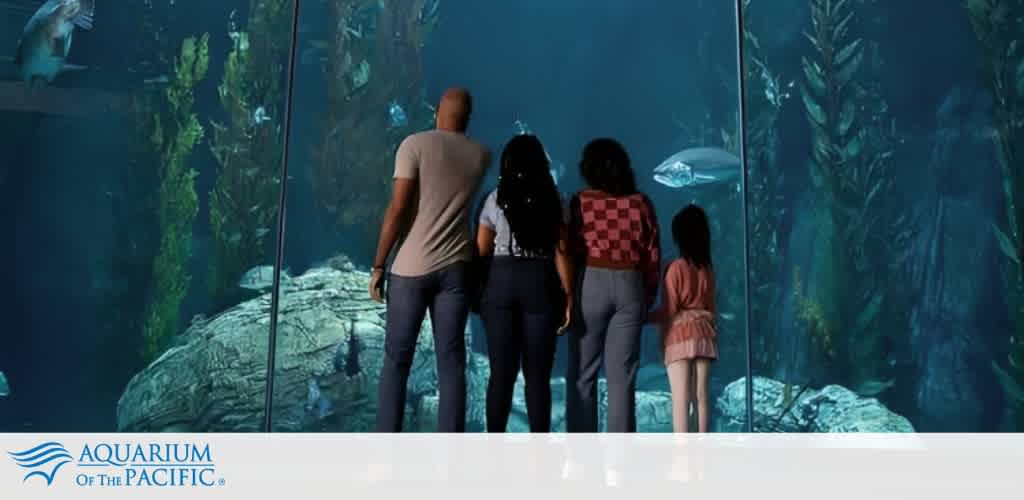 Image shows a family of four, with their backs facing the camera, gazing into a large aquarium filled with various fish and marine life. The setting conveys a serene underwater experience with clear views of aquatic scenes. The Aquarium of the Pacific logo is at the bottom left.