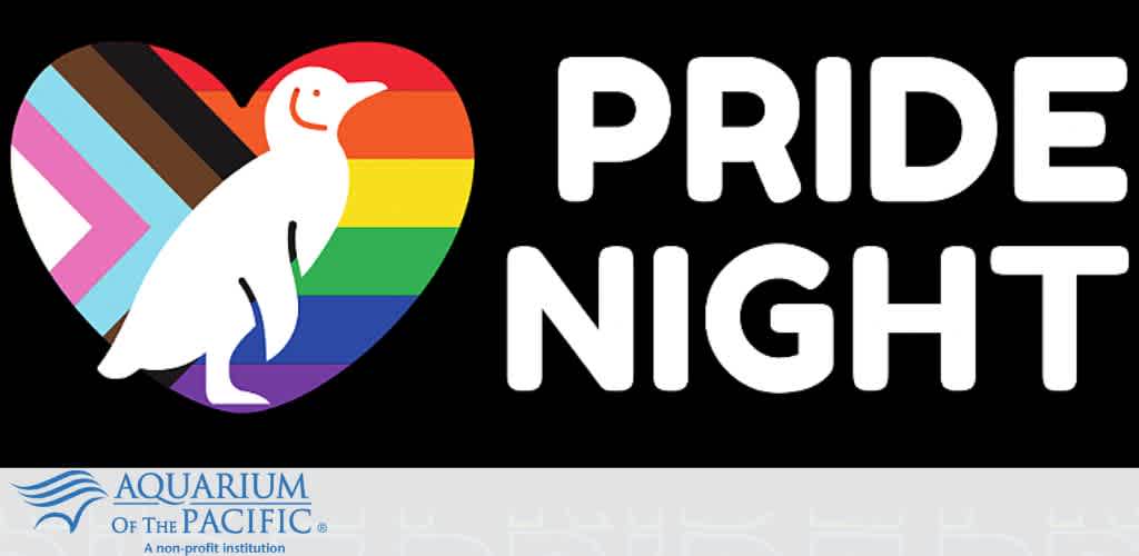 Pride Night at the Aquarium of the Pacific with a heart-shaped Pride flag and penguin.