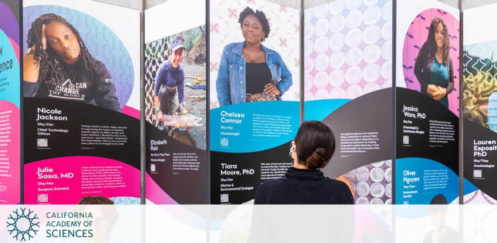 A woman views a display of panels featuring women in science at the California Academy of Sciences.