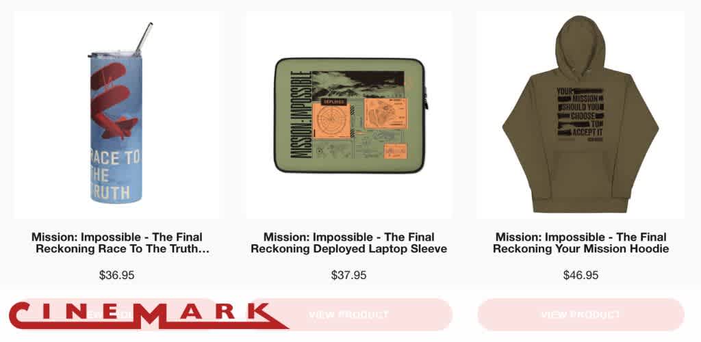 The image shows promotional items for Mission Impossible - The Final Reckoning. From left to right: a blue tumbler with text Race to the Truth priced at 36.95 dollars, a green laptop sleeve with graphic elements priced at 37.95 dollars, and a brown hoodie with text detailing priced at 46.95 dollars. The items are under a Cinemark banner.