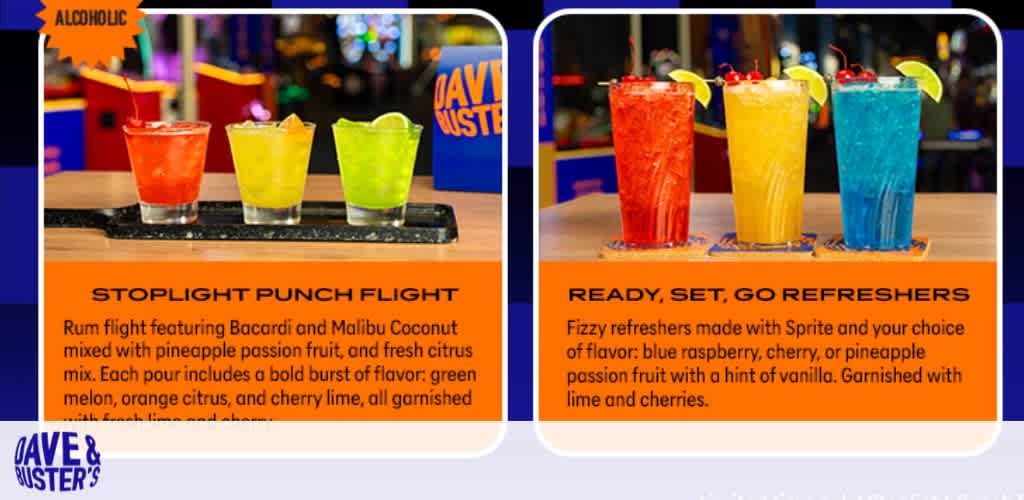 Colorful drinks on display with descriptions of