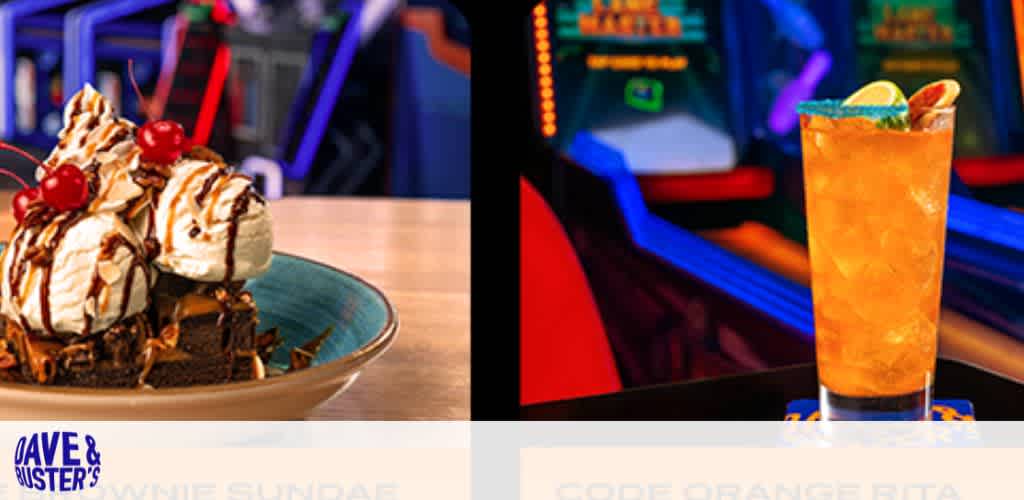 Image of a brownie sundae and an orange cocktail against an arcade-themed background.