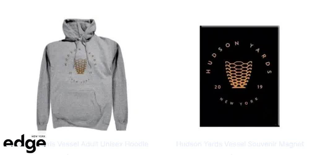 Gray hoodie and black souvenir magnet featuring the Hudson Yards Vessel logo design.