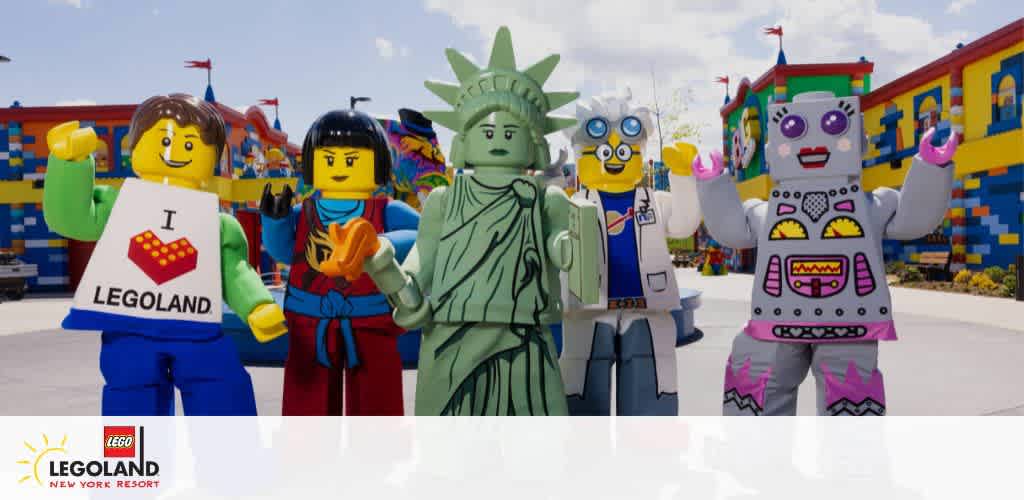 Image shows five life-size LEGO characters posing at Legoland New York Resort. From left to right: a male figure with an 'I love Legoland' placard, a female ninja, the Statue of Liberty, an astronaut, and a robot. They are brightly colored and standing in front of a vibrant amusement park backdrop.