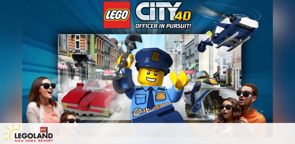 Promotional image for LEGO City 4D, featuring a LEGO police officer, a helicopter, a car, and people wearing 3D glasses