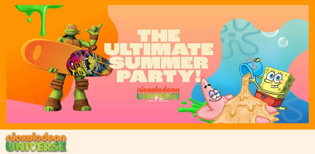 Promotional image for Nickelodeon Universe featuring cartoon characters, a skateboard, and text about a summer party.