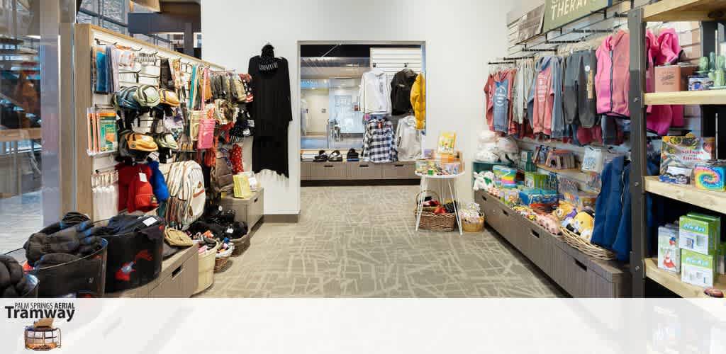 A small store with clothing and various souvenirs on display, including backpacks, apparel, toys, and books.