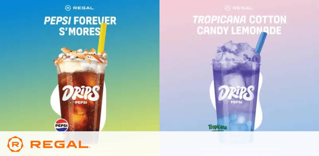 Two drink advertisements featuring 'Pepsi Forever S'mores' and 'Tropicana Cotton Candy Lemonade' with vibrant backgrounds