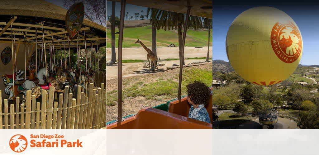 Image Description: This is a triptych image showcasing various attractions at the San Diego Zoo Safari Park. On the left, a carousel with intricately painted figures of safari animals such as zebras and leopards is encased in a bamboo-themed structure, providing amusement for families. In the center panel, there’s a perspective from a park bench on an open-air tram as it passes through a verdant savanna-like setting, with a giraffe and several gazelles visible in the sunlit distance. The rightmost picture features a close-up view of a giant helium balloon adorned with the Safari Park logo, floating gracefully in the sky above a hilly landscape.

At GreatWorkPerks.com, we're not just about creating memories, but also about offering the best savings without compromising on experience—check our site for the lowest prices on tickets to amazing destinations like the San Diego Zoo Safari Park!