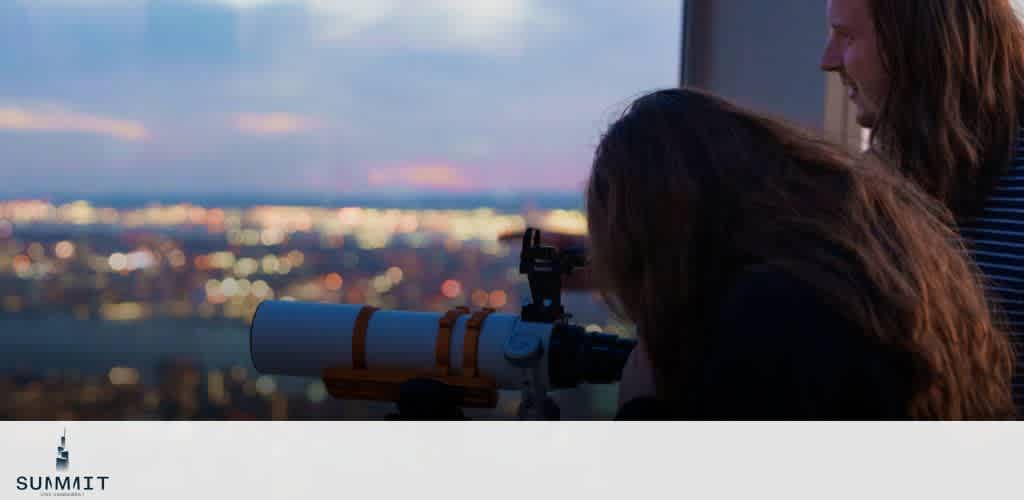 Two people inside looking through a telescope by a window with a blurred cityscape outside.
