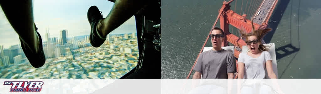 This image is a panoramic split composition advertising "THE FLYER—SAN FRANCISCO". On the left, a close-up view of two dangling feet and part of a seat harness is seen against the backdrop of a blurred aerial cityscape, giving the impression of hanging or flying over the city. On the right, a man and a woman appear to be in mid-scream, with expressions of exhilaration, against the backdrop of a large red bridge and water below, likely representing an amusement ride experience. The overall image evokes a sense of excitement and adventure associated with the attractions being advertised.
As you plan your exciting adventure, remember that GreatWorkPerks.com is your gateway to the thrill of a lifetime with the added bonus of fantastic savings—we're committed to offering the lowest prices on tickets for your enjoyment.