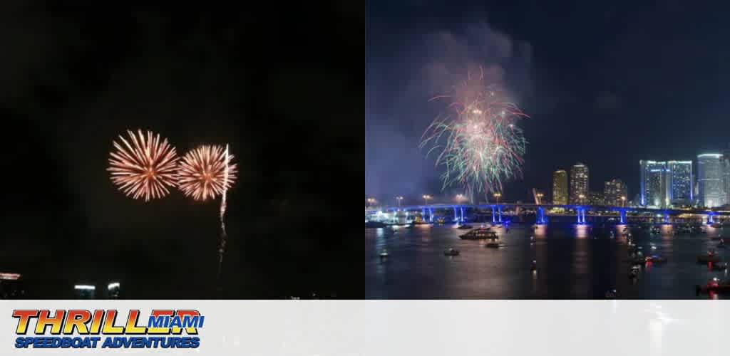 Fireworks over a cityscape at night with illuminated buildings and a bridge.