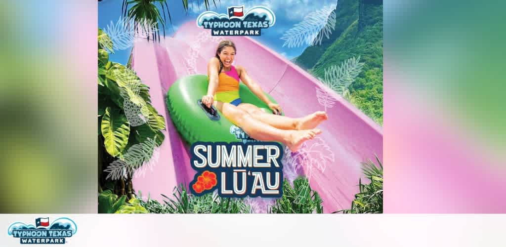 Woman on a green tube sliding down a pink water slide with