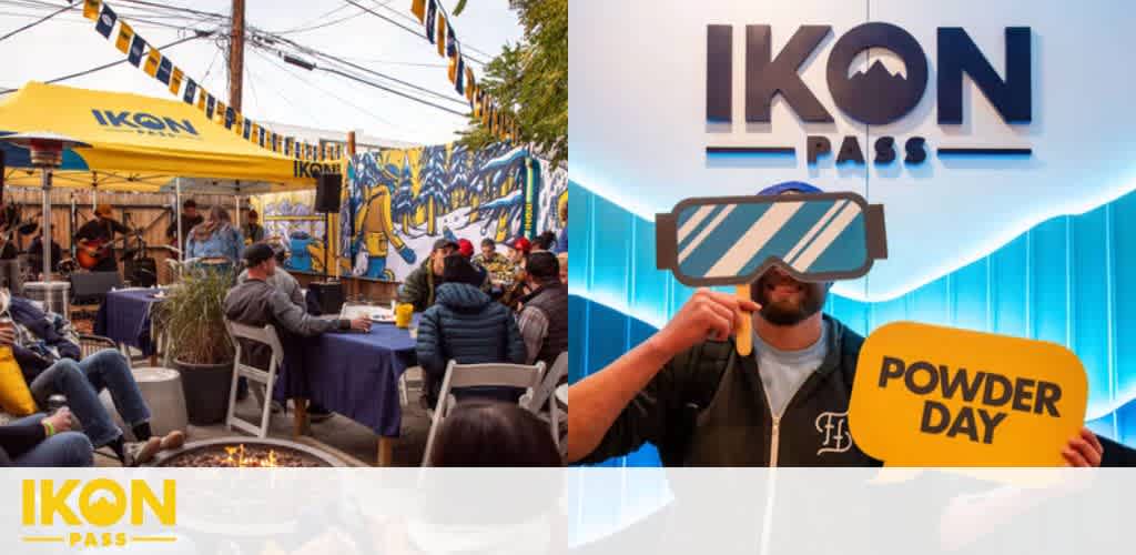 People gathered under a yellow IKON PASS tent with a mural in the background; man holding ski goggles prop and