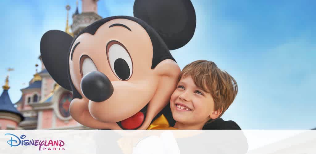 A child happily embraces a large mascot character with a smiling face and big round ears in front of an ornate castle. The sky is clear and blue, enhancing the joyful atmosphere. The scene captures the excitement and wonder of a theme park visit.