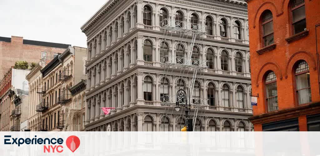 A historic street view in NYC features a prominent gray cast-iron building with multiple floors and ornate windows, showcasing classic architectural style. Adjacent buildings have fire escapes and varied facades, adding to the urban charm. The bottom corner displays the logo Experience NYC in red and blue.