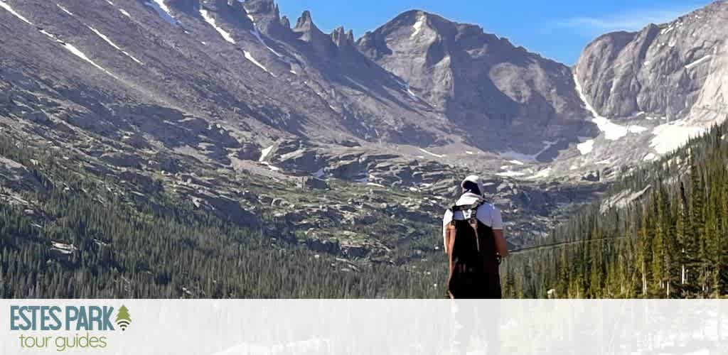 A person with a backpack stands amidst a lush green forest, gazing at towering rocky mountains under a clear blue sky. The rugged peaks rise dramatically in the distance, creating a breathtaking backdrop. The image captures a sense of adventure and exploration in a pristine natural setting, part of an outdoor tour experience.