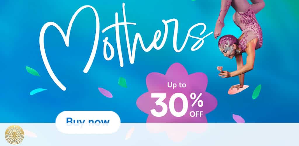 Image shows a performer in an intricate costume balancing on one hand against a vibrant blue background with colorful leaves. Large text reads Mothers with a flower shape displaying Up to 30% OFF. A Buy now button is at the bottom. The design conveys a lively, celebratory mood.