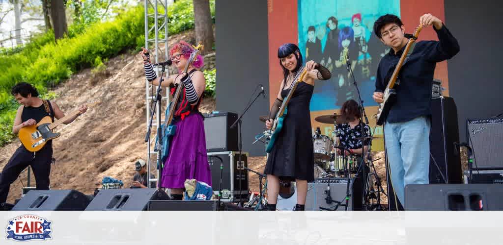 Image description: A vibrant outdoor music performance is in progress on a stage under a clear sky. To the left, a spirited guitarist wearing black clothing is engrossed in playing a yellow electric guitar. Next to him, a vocalist with pink hair stands out, dressed in a colorful outfit with red and black stripes, and violet skirt. She holds a microphone with her right hand, passion evident in her posture. At the center, a focused drummer sits behind a drum kit featuring various cymbals, maintaining the rhythm of the song. On the right, two individuals are actively engaged with the audience; one dons a black sweater and jeans, energetically playing a tan electric bass while making a playful stance and facial expression. The other, to his right, in a black dress, holds a similar bass with a smile on her face. A large digital screen in the background displays a group of musicians, enhancing the festive atmosphere. In the foreground, the edge of the stage is lined with monitors and equipment, showcasing the live nature of the event. The word "FAIR" is prominently displayed on a banner in the upper left corner, indicating a fairground setting.

At GreatWorkPerks.com, we’re dedicated to helping our customers enjoy memorable experiences like this while ensuring they have access to the lowest prices and best discounts on tickets.