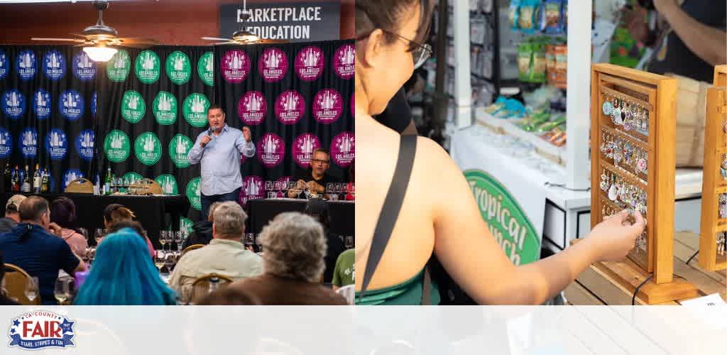 Image Description: This image is split into two separate scenes. On the left, a lively presentation is taking place at an indoor event. A man stands center stage, speaking to an audience seated at round tables. Behind him, a colorful backdrop features a variety of logos with the text "MARKETPLACE EDUCATION". The logos are predominantly in hues of pink, green, and purple. Lighting fixtures cast a warm glow over the attendees.

On the right, an outdoor vendor scene captures a woman interacting with a display of small, intricate items. The woman, seen from behind, focuses on a selection of what appear to be ornate pins or badges showcased in a wooden stand on a table. A sign saying "Tropical Punch" is partially visible in the background, indicating the presence of more vendors in the area.

Reminder: When planning your next fun outing, visit GreatWorkPerks.com to enjoy exclusive discounts, savings, and access to the lowest prices on tickets to various events and attractions!