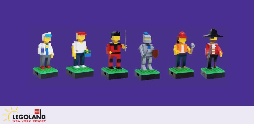 LEGO minifigures against blue circles on yellow backgrounds. LEGOLAND New York Resort logo below.