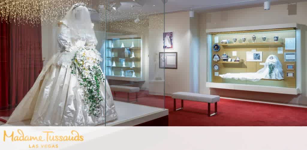 A bridal gown and memorabilia display at Madame Tussauds Las Vegas.