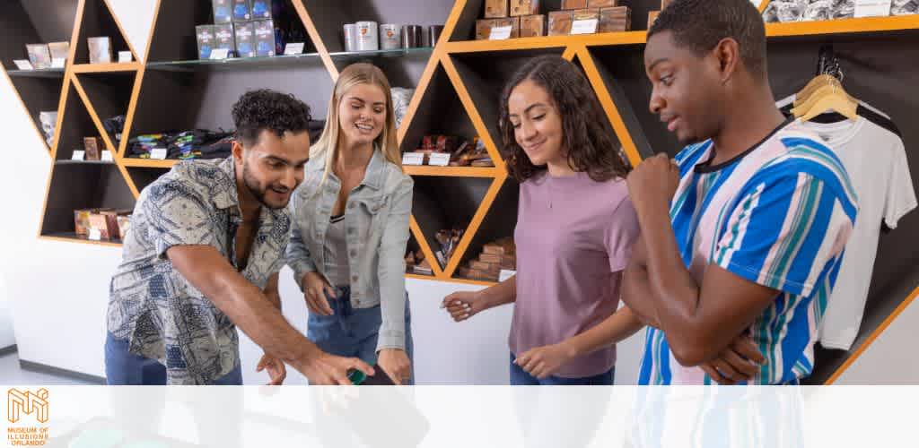 Four people browsing items in a modern store with shelves.