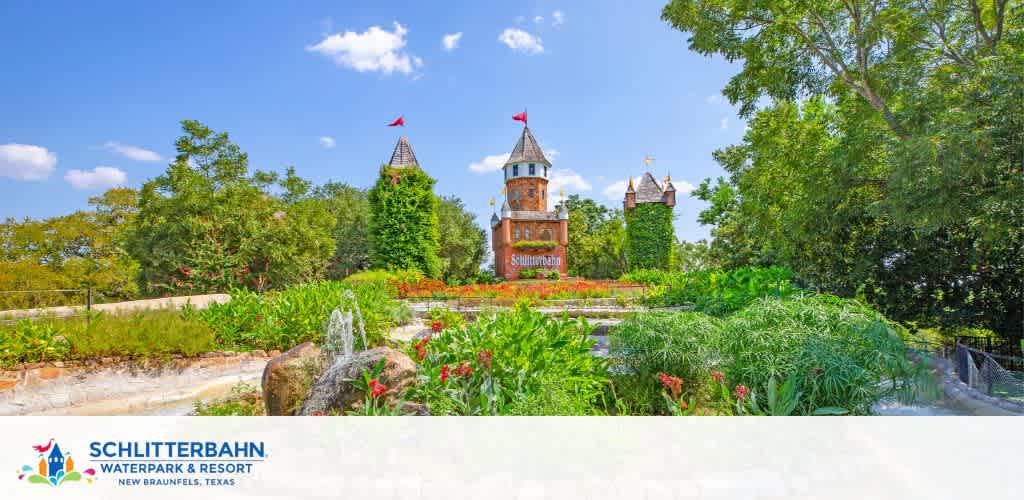 Image shows a bright sunny day at Schlitterbahn Waterpark and Resort in New Braunfels, Texas. Foreground displays lush greenery and colorful flowers with a water feature. Castle-like structures with red flags on towers are visible in the background.