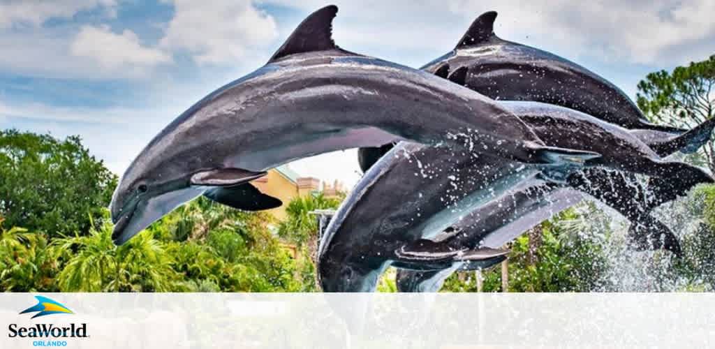 Promotional image from SeaWorld Orlando featuring three bottlenose dolphins mid-leap against a backdrop of lush green foliage and blue skies, with water droplets captured in the air around them. SeaWorld logo visible in the corner.