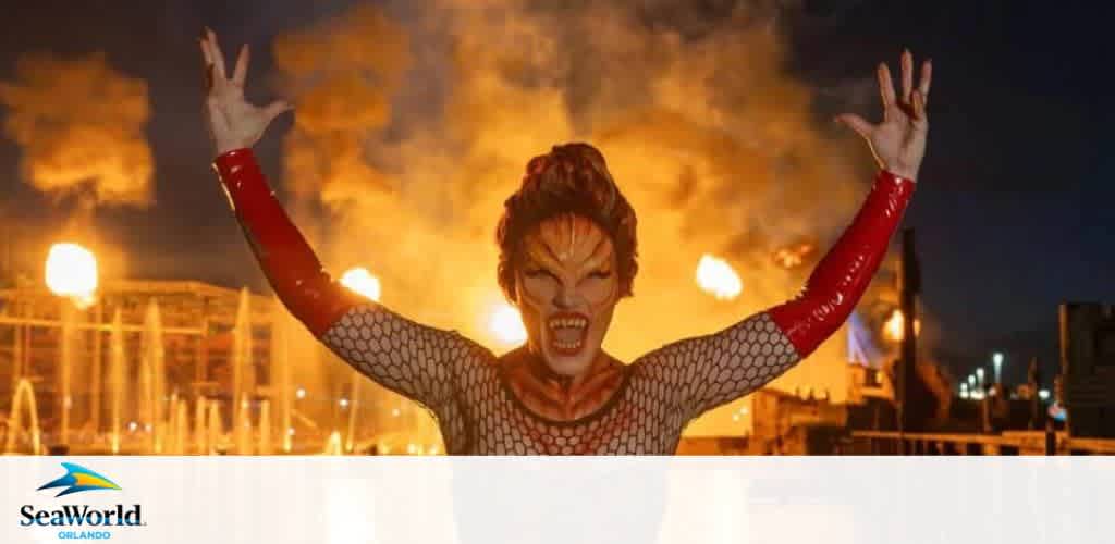 Image shows a performer at SeaWorld Orlando, dressed in a fiery-themed costume with raised arms, against a backdrop of flames and fountains. The SeaWorld logo is visible at the bottom. The atmosphere conveys excitement and energy of a nighttime show.