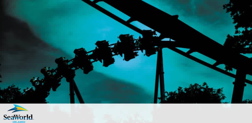 Silhouetted roller coaster against a turquoise sky with SeaWorld Orlando logo at the bottom left.