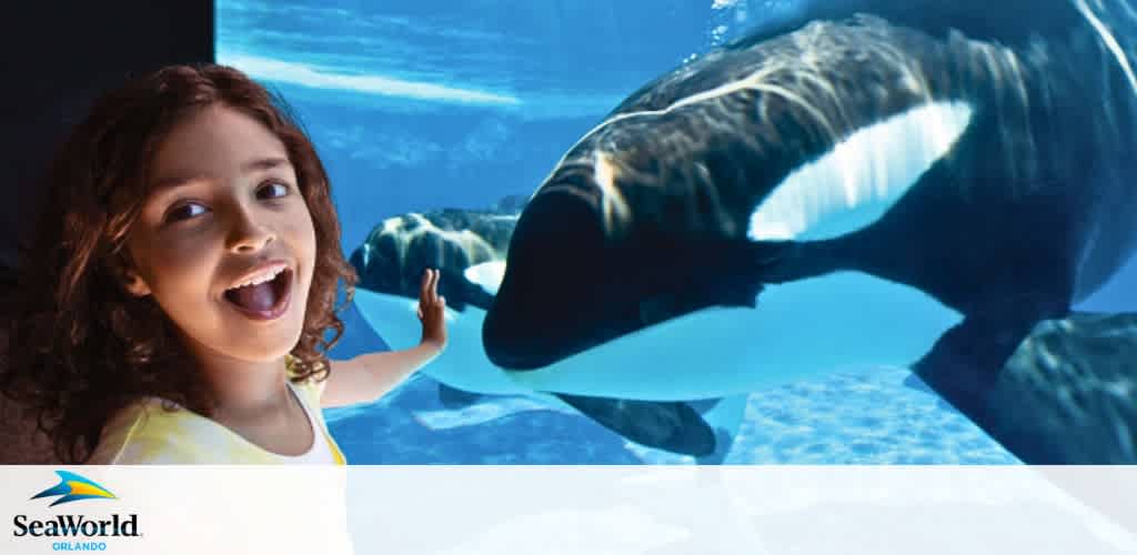 A young girl with a joyful expression points toward a large orca swimming by in a clear underwater enclosure, with the SeaWorld Orlando logo displayed in the bottom right corner. The backdrop depicts the serene blue aquatic environment of the enclosure.