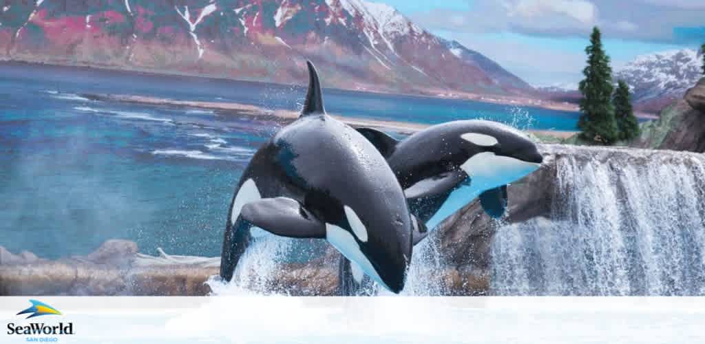 Two orcas leap out of the water in synchronization against a backdrop of cliffs, waterfall, and snow-capped mountains while the SeaWorld San Diego logo anchors the bottom right corner.