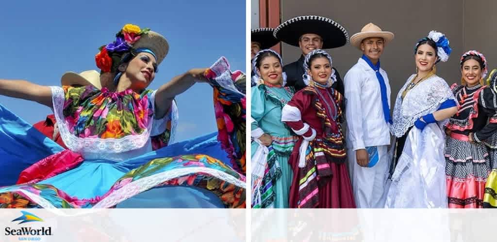 Image split into two panels against a blue background. Left panel features a performer mid-dance in vibrant, multicolored traditional dress with a flowered headdress. Right panel shows a group of six smiling individuals in various colorful traditional Mexican attire, including sombreros, with the SeaWorld logo at the bottom left.