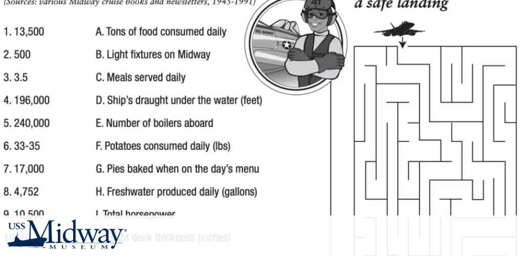 Illustration with a number quiz and maze related to the USS Midway Museum.