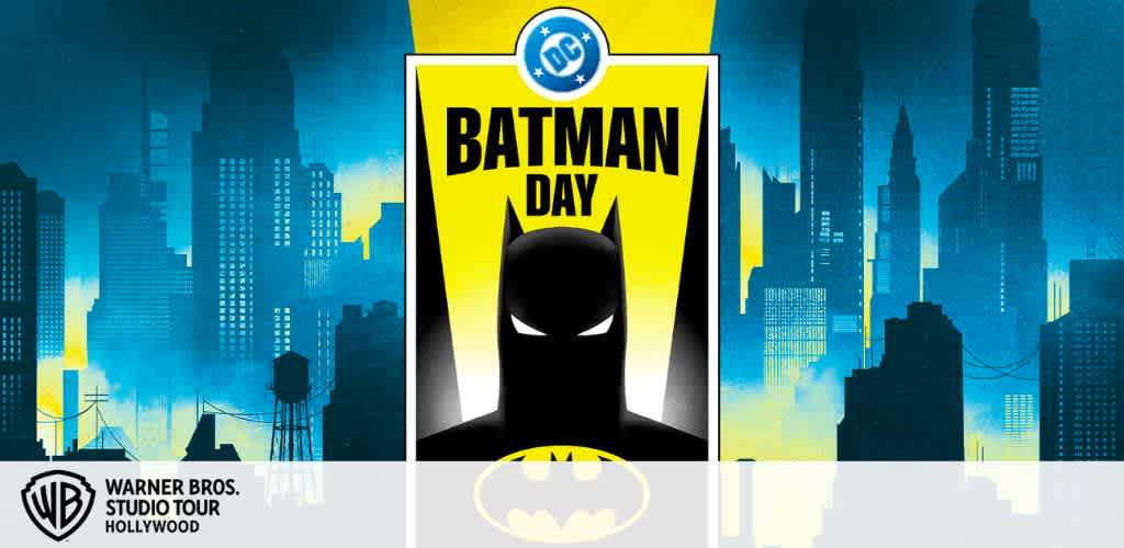 Promotional image for Batman Day with a Batman poster and a cityscape background.