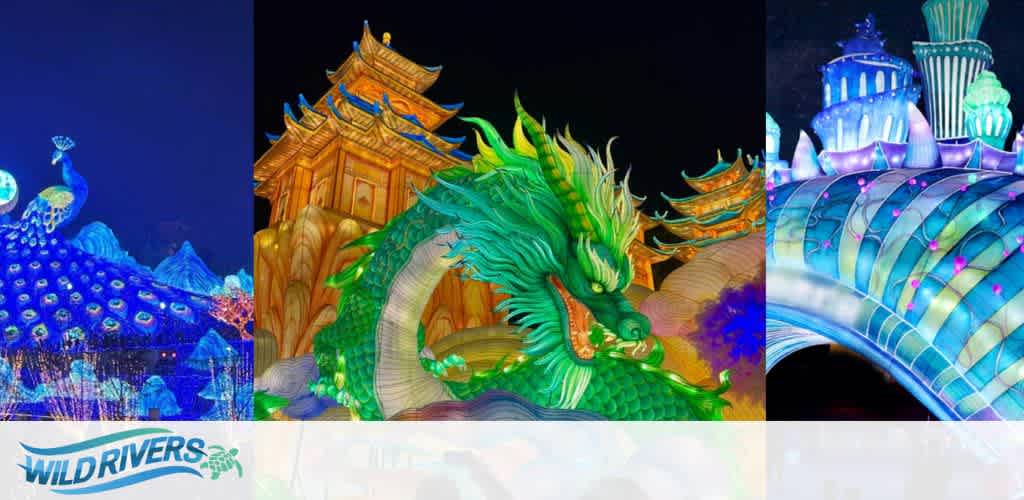 A collage featuring an illuminated peacock, a green dragon in front of a pagoda, and a futuristic cityscape.
