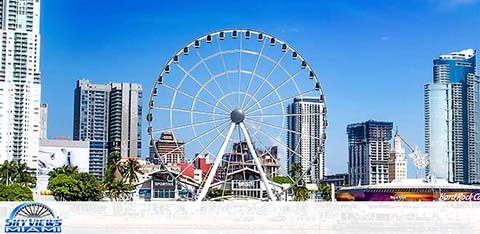 A ferris wheel dominates the foreground against a backdrop of tall buildings under a clear blue sky.