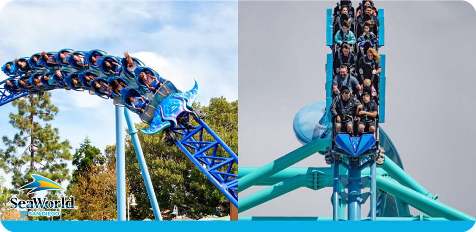 A roller coaster with excited riders at SeaWorld San Diego.