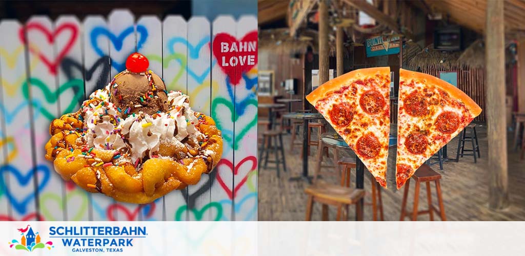 The image is split in two. On the left is a funnel cake topped with vanilla ice cream, whipped cream, sprinkles, and a cherry, against a fence painted with colorful hearts. Text indicates Schlitterbahn Waterpark in Galveston, Texas. On the right, two slices of pepperoni pizza form a heart, set inside a wooden bar with stools.