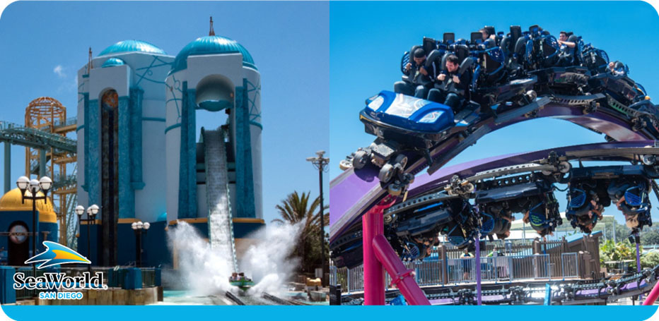Two SeaWorld San Diego attractions: a splashy water ride and an inverted roller coaster.