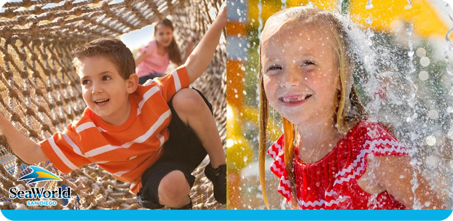 A boy climbs a rope structure and a girl enjoys water splashes at a SeaWorld park.