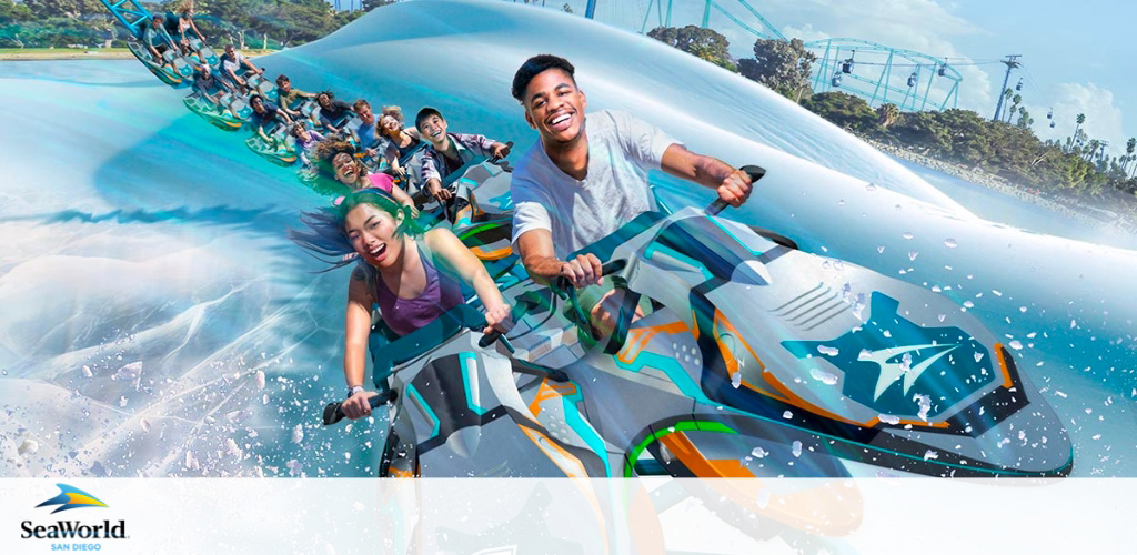 Thrilled riders on a roller coaster simulating jet skis, with SeaWorld branding visible.