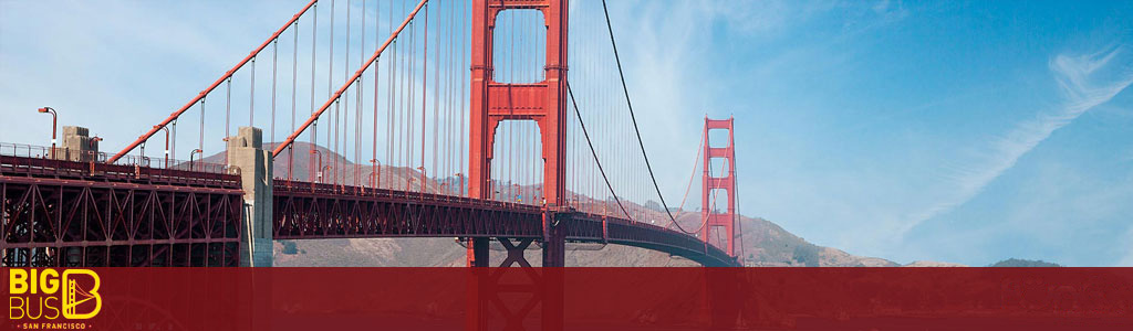 Image Description: This panoramic banner image showcases the iconic Golden Gate Bridge in San Francisco, as viewed from the side. The bridge is presented in a clear and detailed perspective, displaying its distinctive International Orange color, with the tall suspension towers reaching into a mostly clear blue sky with a few wispy clouds streaked across it. The bridge spans across the image, while the cables slope elegantly down to the roadway, with a backdrop of the rolling, tree-covered Marin Headlands hills in the distance. Below the image, a wide red band features the logo for Big Bus Tours in bold white and yellow lettering. Experience the splendor of San Francisco's engineering marvel and take in the views from this famous landmark.

Remember, when planning your next adventure, visit FunEx.com for exclusive discounts and savings on tickets to many attractions, offering you the lowest prices for your travel experiences.