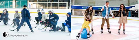 Two side-by-side images at an ice rink. On the left, a group of people, some in chairs with sticks, play an adapted ice hockey game. On the right, three individuals happily skate hand in hand. All are enjoying their time on the rink. Logo at bottom reads American Dream.