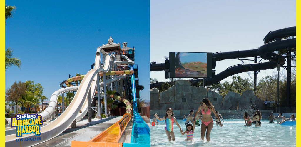 This image is a split-view of two different scenes from the Six Flags Hurricane Harbor water park in Los Angeles. On the left side of the image is a tall water slide structure featuring several curved slides of white color with blue and orange accents. There is bright blue water running down the slides, and guests can see the anticipation at the top just before the ride begins. The slide towers against a clear blue sky. The right side of the image shows a lively wave pool filled with various guests, including children and adults, splashing and enjoying the water. In the foreground, a woman is seen guiding two young girls through the shallow part of the pool, all smiling and enjoying the day. In the background, there are other park guests engaging in water activities and a black multi-lane water slide that twists and turns above the pool area. A monitor displaying an image is seen mounted in the upper part of this scene.

Both scenes convey the excitement and relaxation possible within the family-friendly water park environment, highlighting the contrasting thrill of the slides and the leisurely experience of the wave pool.

At GreatWorkPerks.com, we specialize in finding you the biggest savings so you can enjoy more for less. Don’t miss out on our exclusive offers for the lowest prices on tickets to exciting destinations like Six Flags Hurricane Harbor!