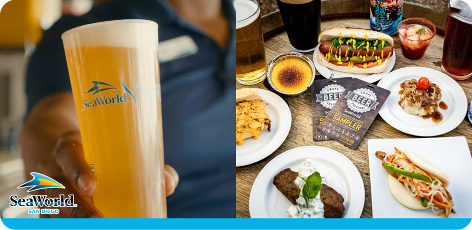 SeaWorld-branded beer glass held up; various meals and drinks on a table.