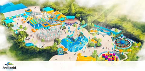 A colorful water park layout with slides and pools, surrounded by greenery.