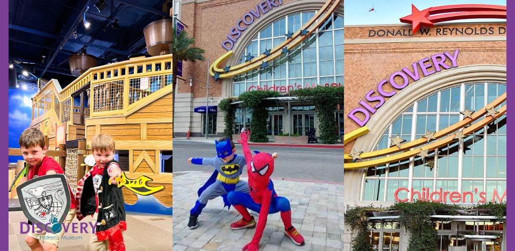 A collage highlighting the Discovery Children's Museum. The left photo shows two children in costume, one as a pirate and the other as a superhero, in front of a play structure. The center and right images showcase the museum's exterior with its large, curved entrance and the prominent  Discovery  sign above. A costumed superhero character appears in the center photo, posing energetically on the sidewalk.