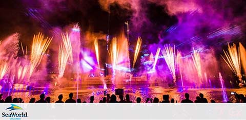 A vibrant fireworks display at a theme park with spectators silhouetted in the foreground.